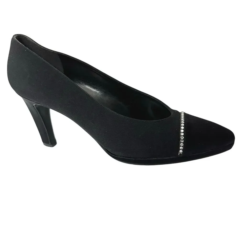 Vintage 80s/90s Stuart Weitzman for Neiman Marcus Black Satin Rhinestone Heels 8